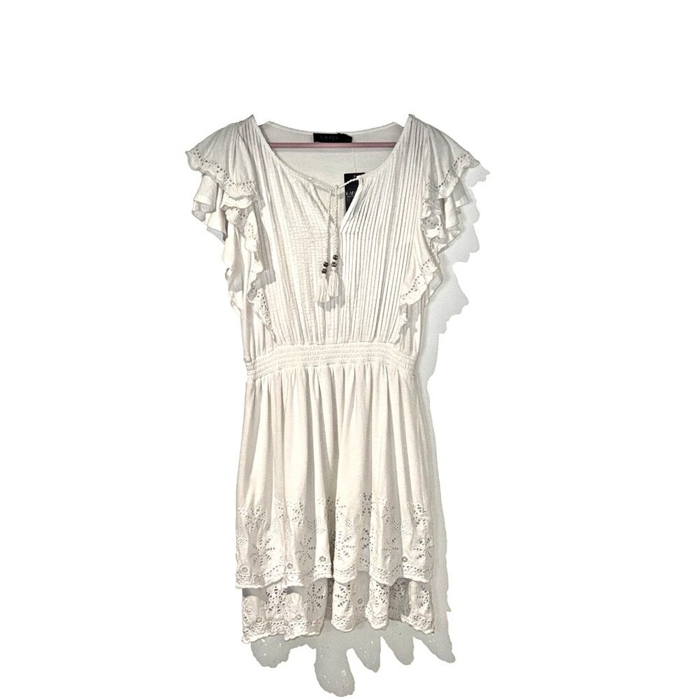 🖤RALPH LAUREN Womens Sz 8 Cottage Core Coquette Eyelet Tie-Neck White Dress NWT